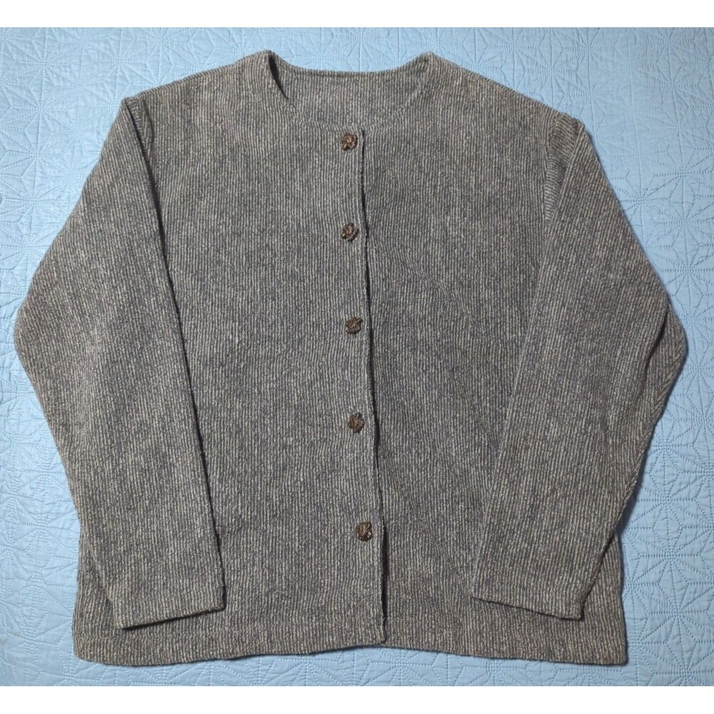 Greenbrand Recycled Cover Up Sweater Unique Brass Bear Buttons Yarn Womens Sz L - Picture 1 of 9